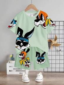 2pcs/Set Kaos Lengan Pendek dan Celana Pendek Kasual Minimalis Motif Kelinci Kartun untuk Anak Laki-Laki, Cocok untuk Musim Panas - MultiWarna - View 3