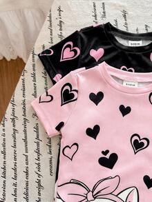 LMoss Kids Bộ đồ ngủ 4 món cho bé gái, chất liệu dệt kim, họa tiết trái tim và mèo dễ thương, gồm áo thun cổ tròn và quần short ôm sát. - Nhiều màu - Xem 5