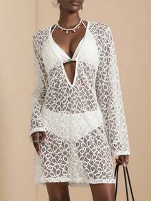 Lyxana Women's Lace Sheer Elegant Vacation Dress - White - View 3