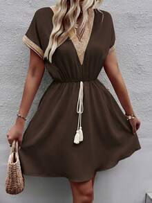 Breezaya Women's Contrast Lace V-Neck Short Sleeve Waist Tassel Tie Waist Dress Resort Wear Women Vacation Dress Vacation Coffee Brown Summer Elegant - Brown - View 9