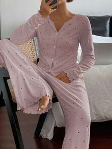DAZY 2pcs Women's Polka Dot Print Cardigan Long Sleeve Top And Loose Straight Leg Long Pants Pajama Set, Spring - Pink - View 3