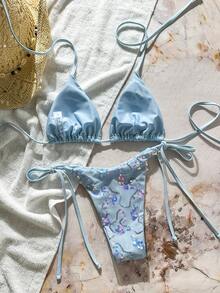 SHEIN Swim 两件套彩色亮片特殊面料三角罩杯文胸和侧系带泳裤性感比基尼套装，春夏度假比基尼套装，女士泳装两件套 2580198 女士比基尼泳装套装 Zestiva 泳装斑马纹比基尼套装瑜伽套装女士两件套 Yummy Control 塑形泳装两件套 - 淺藍色 - 查看 2