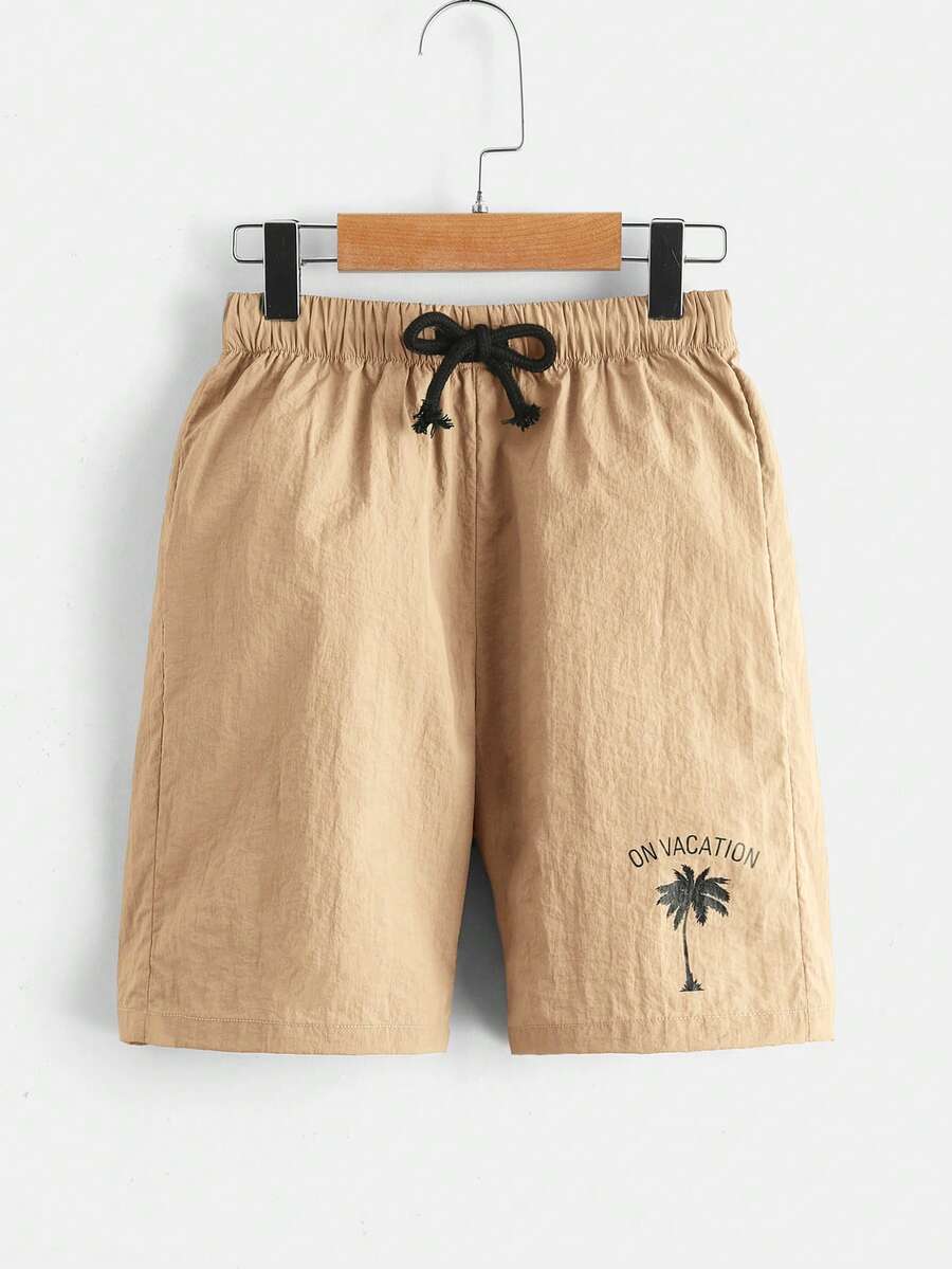 Tween Boy Coconut Tree & Letter Print Elastic Waist Casual Shorts Without Pockets - Khaki - View 1