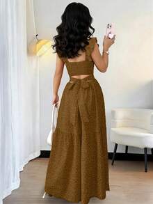 Rafferiza 女士波点印花系带短袖优雅连衣裙 - 棕色 - 查看 2