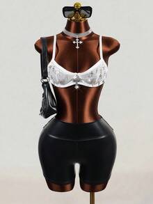 Mistrie Áo hai dây phong cách punk gợi cảm dành cho nữ, có họa tiết dây chéo, thích hợp cho mùa xuân và mùa hè. - trắng - Xem 3