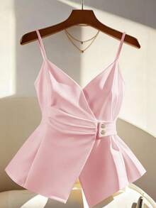 SHEIN Franclia 女士时尚休闲通勤日常办公金属扣吊带背心，春夏款 - 粉色 - 查看 1