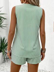 EMERY ROSE Bộ đồ 2 mảnh kẻ sọc cổ chữ V không tay dáng casual dành cho nữ - màu xanh lá - Xem 2