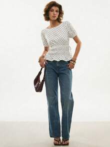 Poéselle Polka Dot Print Round Neck Short Sleeve Cinched Waist Top,Summer Top - White - View 6