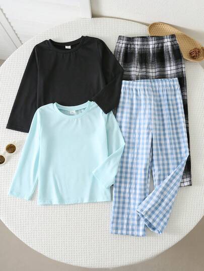 SHEIN Bộ đồ ngủ 4 món cho bé trai, gồm áo thun dài tay cổ tròn màu trơn và quần ống rộng kẻ caro, chất liệu mềm mại, thoải mái, phù hợp cho mọi mùa.