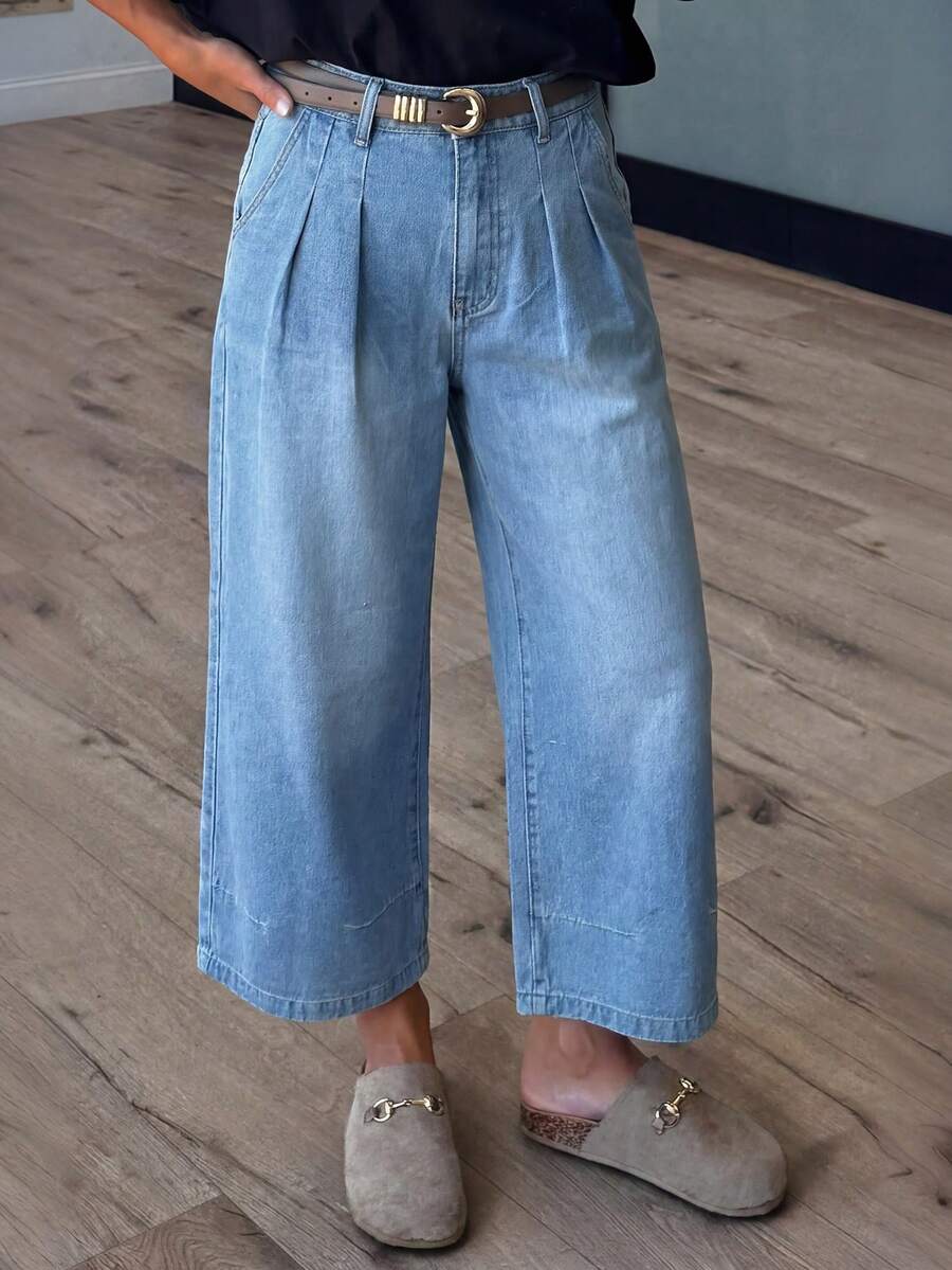EMERY ROSE Mature Denim Women's High Waist Light Blue Pleated Wide Leg Cropped Denim Jeans,Summer Casual Everyday Boho Culottes With Pockets For Vacation & Commute Wear