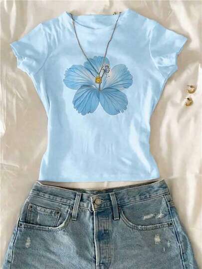 SHEIN Elladie kids Tween Girl Floral Print Round Neck Short Sleeve Casual T-Shirt, Summer Top