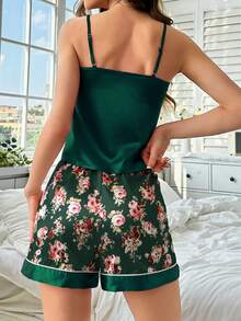 女士纯色吊带背心和印花短裤休闲家居服套装 - 墨綠色 - 查看 2