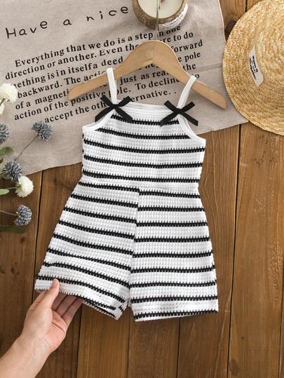 Genkimix Kids 女婴休闲无袖弹力罗纹连体衣，带蝴蝶结装饰，夏季短款连体裤，粉色