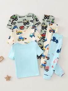 Conjunto de 6 piezas de ropa de dormir ajustada para niños pequeños, pijamas de cuello redondo de manga corta con gráficos de vehículos de construcción de dibujos animados multicolores en tela de punto suave y ligera. Este patrón vibrante en verde claro, crema y azul claro es ideal para el uso diario de ropa de dormir y ropa de estar cómoda en primavera y verano. - Multicolor - Ver 2