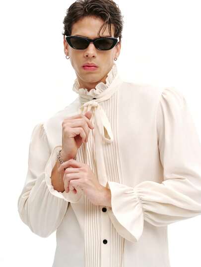 DSELFIQUE Men's Casual Solid Color Stand Collar Long Sleeve Shirt Vintage Men Shirts Striped Men Casual Men's Cream Button Up Long Sleeved Shirt Ruffle Cuff Shirt Old Money,Daily Leisure, Weekend Trips, Outdoor Activities, Travel Expeditions, Relaxed Work Environments Or Semi-Formal Occasions, Boyfriend/Husband Gift, Anniversary /Birthday Gift Party Summer Vacation Holiday New Years Wedding Valentine's Day Men's Pleated Front Shirt Manfinity Dauomo Shirt Men's Ruffled Collar Shirt