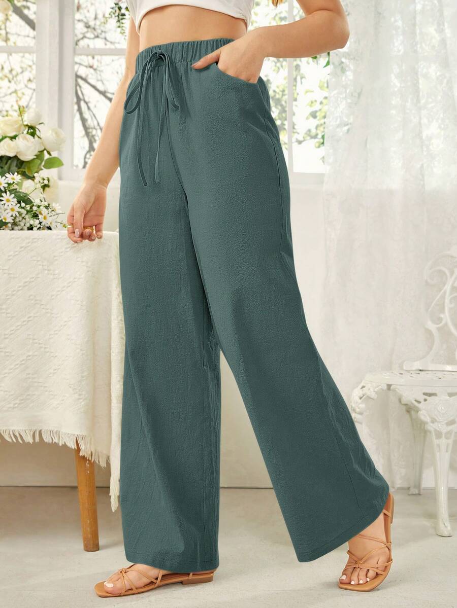 SHEIN Essnce 女士纯色系带腰袋阔腿宽松休闲裤 - 墨綠色 - View 1