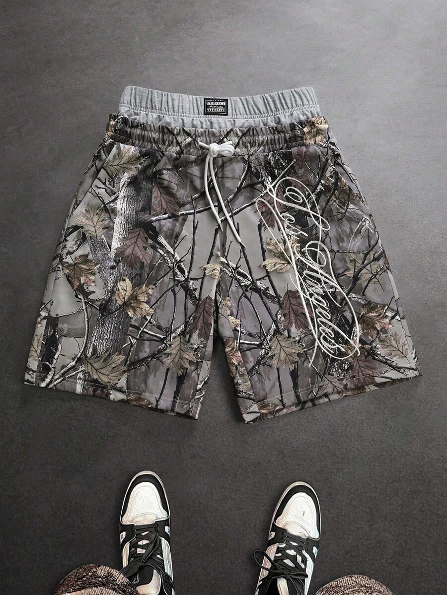 SLATEMANN 男士字母印花抽绳腰带休闲百搭日常短裤 - 彩色 - 查看 1