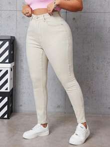 SHEIN EZwear 大码休闲日常纯色斜插口袋修身牛仔裤 - 杏色 - 查看 1