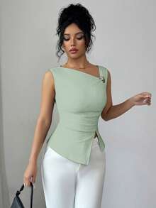 SHEIN Elenzya Atasan Kasual Wanita Polos dengan Dekorasi Logam dan Desain Belahan, Pas Badan. - Mint Green - View 5