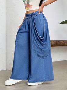 SHEIN Unity Women's Elastic Waist Pleated Casual Versatile Daily Wear Wide Leg Jeans - Blue - View 5