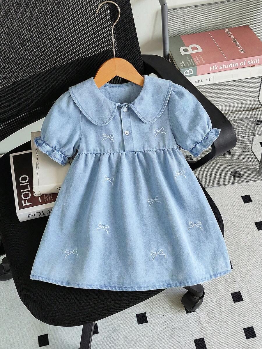 SHEIN Baby Girls' Bow Embroidered Light Blue Denim Peter Pan Collar Dress - Medium Wash - View 1
