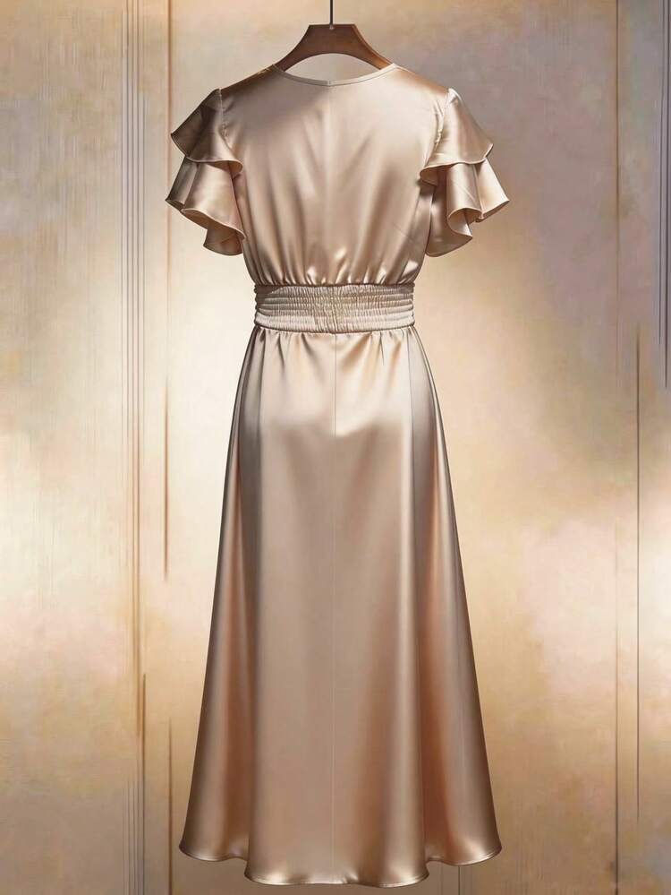 GlowEve Spring/Summer New Arrival Elegant Waist-Cinched Midi Dress, Women's Graceful Maxi Dress, Women's Summer Long Dress, Women's Summer Dress, Women's Summer Outfit, Women's Birthday Dress, Women's Wedding Guest Dress, Women's Valentine's Day Outfit, Women's Birthday Dress, Women's Minimalist Sexy Criss-Cross V-Neck Button Decor Bodycon Dress, Silk Dress, Satin Bodycon Dress, Champagne Satin Dress, Long Party Dress, Elegant Silk Dress, Silk Dress Elegant Formal Classy Zanea Dress For Woman Ladies Dre - Champagne - View 2