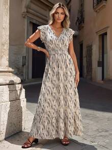 Editum Women's Geometric Pattern Cinched Waist Cap Sleeve Flowy Elegant Boho Commuter Dress 90's Outfits For Women Night Out Outfits 80s Outfits Y2k Outfits 70's Outfits For Women Holiday Outfits For Women Airport Outfits For Women Best Travel Outfits For Women Holiday Vacation 2000s Outfits Women Casual Work Outfits Workout Outfits Corporate Outfits Business Casual  Zebra Print Dress For Women Elegant Dress Woman Dress Maxi Dress Black And White Summer - Black and White - View 3