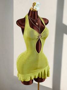 Amplova Women's Sexy Ruffled Hem Backless Halter Mini Dress, Vacation - Green - View 4
