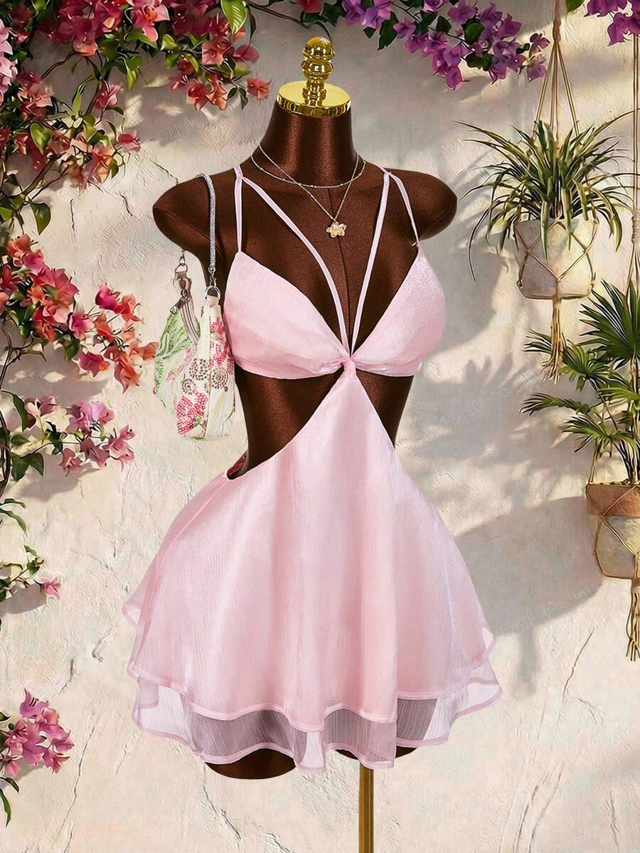 Amplova Women's Elegant Hollow-Out Backless Spaghetti Strap Mini Dress, Summer - Pink - View 1