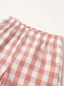 SHEIN Conjunto de 2 peças de Algodão de Verão para Bebê Recém-Nascido Menina, Top Regata com Gola de Boneca Branca e Rosa Xadrez, Shorts de Cintura Elástica, Combinação Casual Família - Vermelho - Visão 8