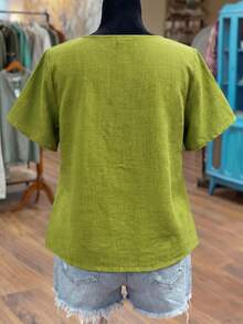 Linhara Plus Size Women Solid Color Asymmetric Ruffle Trim Short Sleeve Fashionable Blouse,St Patrick's Day Green Blouse,Vacation Beach - Lime Green - View 2