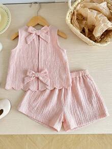 Set de 2 piezas de ropa casual, con decoración de moño lindo en la espalda, adecuado para primavera, verano y otoño - Multicolor - Ver 6