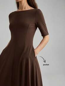 Ontre Women's Dark Brown Elegant Maxi Dress,Solid Color Elastic Fabric Waist Cinched A-Line Silhouette,Autumn Long Sleeve Brunch Casual Office Wear Dress - Brown - View 2
