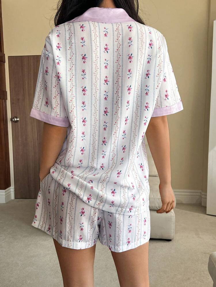 Women's Ditsy Floral Single-Breasted Contrast Trim Short Sleeve Top And Pocket Shorts Pajama Set