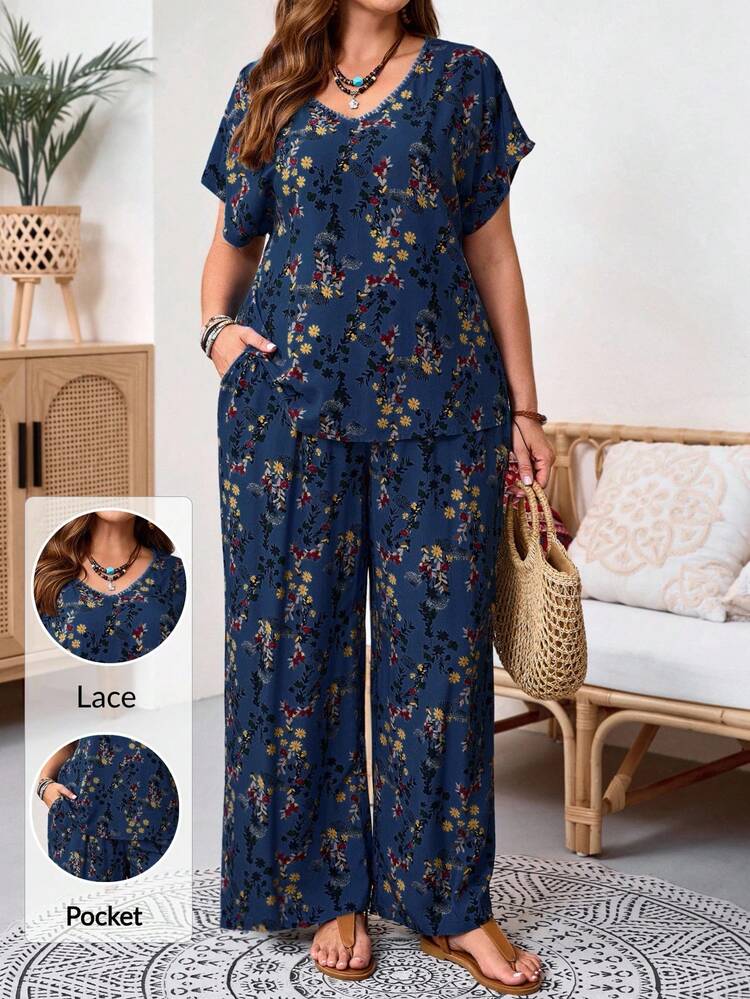Plus Size Floral Print Shirt And Pants Two Pieces Casual Vacation Set Summer Summer Outfits Spring Clothing Spring Outfit Festival Outfits For Women Beach Outfit For Women Vacation Outfits Women Holiday Outfits For Women Summer Holiday Outfits Country Concert Outfit Women's Country Clothing Casual Sets For Women 2 Piece Set Zanzea Dress For Women Plus Size