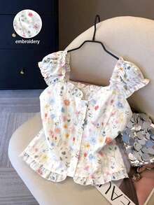 GlowEve 2026春夏新款女士碎花刺绣印花荷叶边短袖度假衬衫 - 白色 - 查看 6