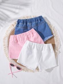SHEIN 3件組少女白色、粉色、藍色牛仔短褲，兒童女童春夏季休閒度假鄉村波希米亞風穿搭，兒童女童海灘穿搭，少女西式街頭風，春假、電音節牛仔短褲 - 彩色 - 查看 2