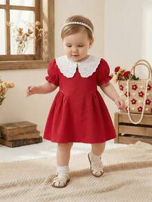 SHEIN Baby Girls' Ruffle Collar Puff Sleeve A-Line Dress Red And White Summer Cute Elegant Birthday Party Gown With Side Pleats Infant Fashion Photo Shoot - Red - View 6