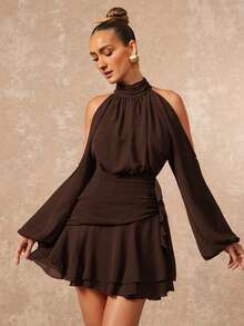 女士春夏优雅性感紫色露肩连衣裙，蘑菇纽扣设计，荷叶边设计，长袖，修身剪裁，喇叭裙摆 - 棕色 - 查看 3