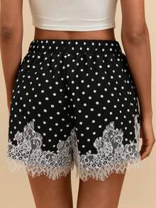Travachic Quần short nữ màu đen chấm bi phối ren phong cách casual thanh lịch đa năng mặc hàng ngày hẹn hò du lịch Tulum, mẫu mới 2026, quần short ren nữ, quần short mùa hè, quần short đi lễ hội, họa tiết thời trang - màu đen - Xem 2