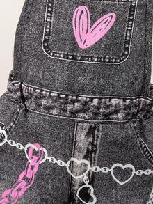 Young Girl' Woven Chain, Funny Rabbit & Letter Print Bib Pants, Fashionable Back-To-School Item, Personalized Jumpsuit For Spring, Summer, Autumn - Black - View 4