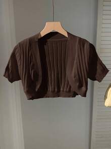 SHEIN EZwear Cardigan Rajut Lengan Pendek Cokelat Kasual Lucu untuk Wanita, Musim Semi/Panas - Coklat - View 3