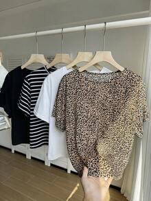 Comfortcana 4pcs/Set Plus Size Casual Solid Leopard Striped T-Shirts Spring/Summer Gym Brown - Multicolor - View 2