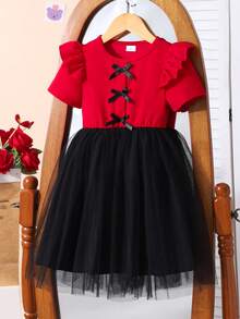 Elladie kids 1 chiếc đầm lưới tay ngắn màu đỏ và đen dễ thương, có nơ và viền bèo nhún, thích hợp cho các dịp lễ, họp mặt, tiệc tùng, sinh nhật, mùa xuân/hè. - Đỏ - Xem 3