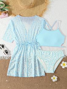 SHEIN 少女比基尼套装，可爱针织粉色豹纹短袖系带防晒衣，交叉腰部镂空设计泳衣，优雅精致，适合度假、游泳、海滩、夏季穿着 - 藍色 - 查看 6