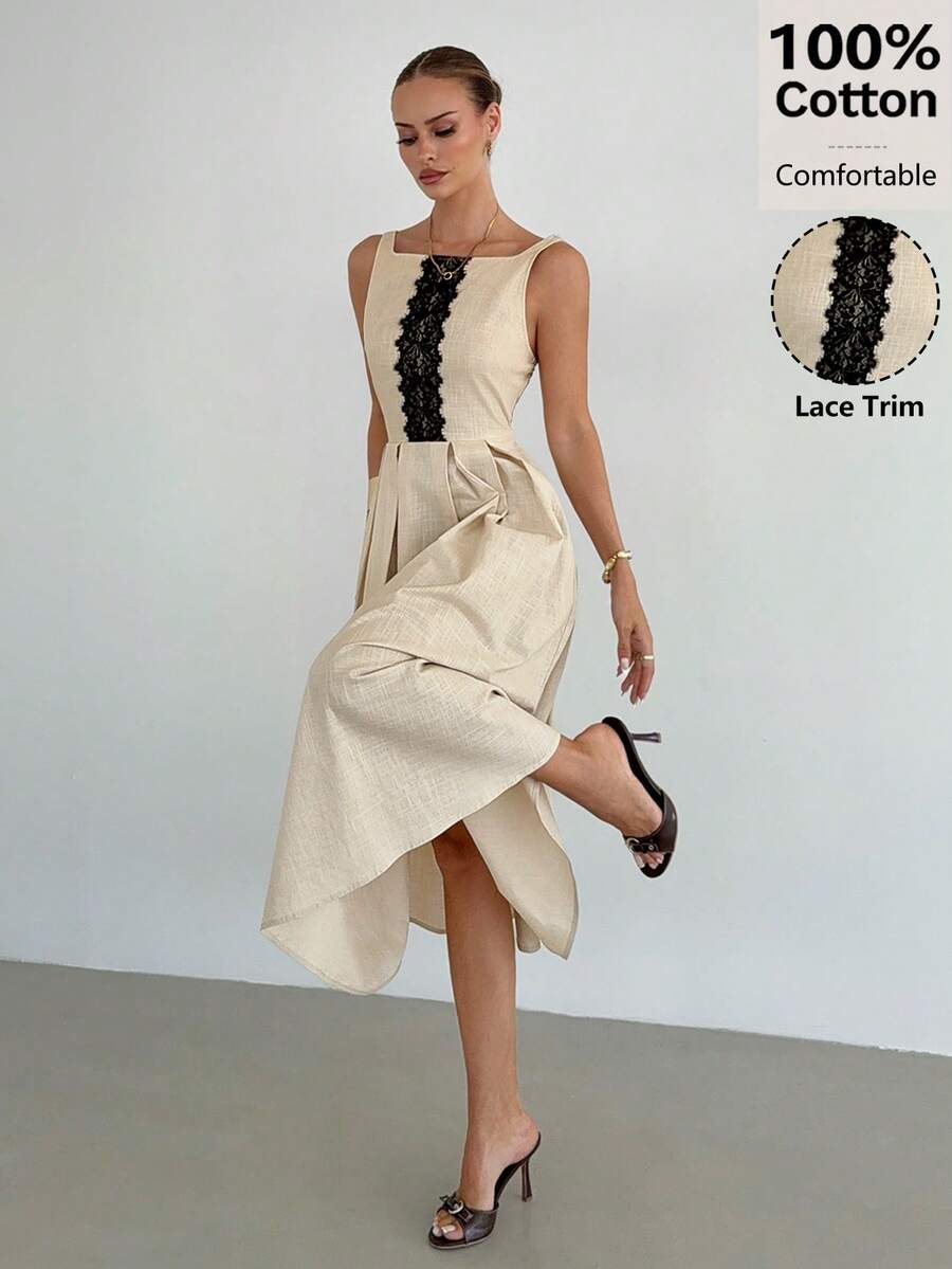 Siren Gaze Damen Farbblock Spitze Leinen Midi Kleid, Quadratischer Ausschnitt Rückenfreies Kleid, Lässiges Sommerkleid, Elegantes Sommerabendkleid, Baumwollkleid
