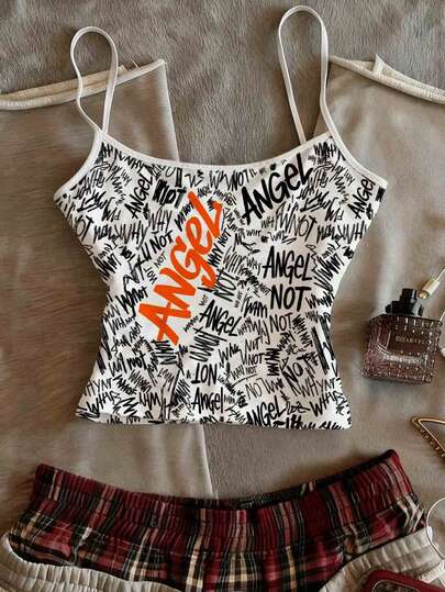 Glimmora Y2K Women's Letter Slogan Graphic Camisole Top, Comfortable Casual Sleeveless Crop Top Suitable For Parties, Music Festivals