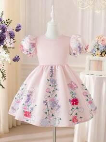 SHEIN Elladie kids 1件装 女孩夏季新款婚礼仪式少女3D蝴蝶生日派对花童表演泡泡袖公主裙 - 粉色 - 查看 3