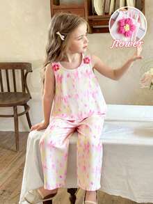 SHEIN Girls Pink Tie-Dye Sleeveless Shirt & Wide-Leg Pants Set,Cute Summer Matching Outfits For Kids,Family Vacation Stylish 2 Pcs Floral Co-Ords,Polyester - Pink - View 10