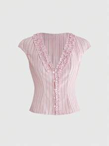 Sweetness 甜美休闲性感女式粉色条纹荷叶边领衬衫 - 粉色 - 查看 5